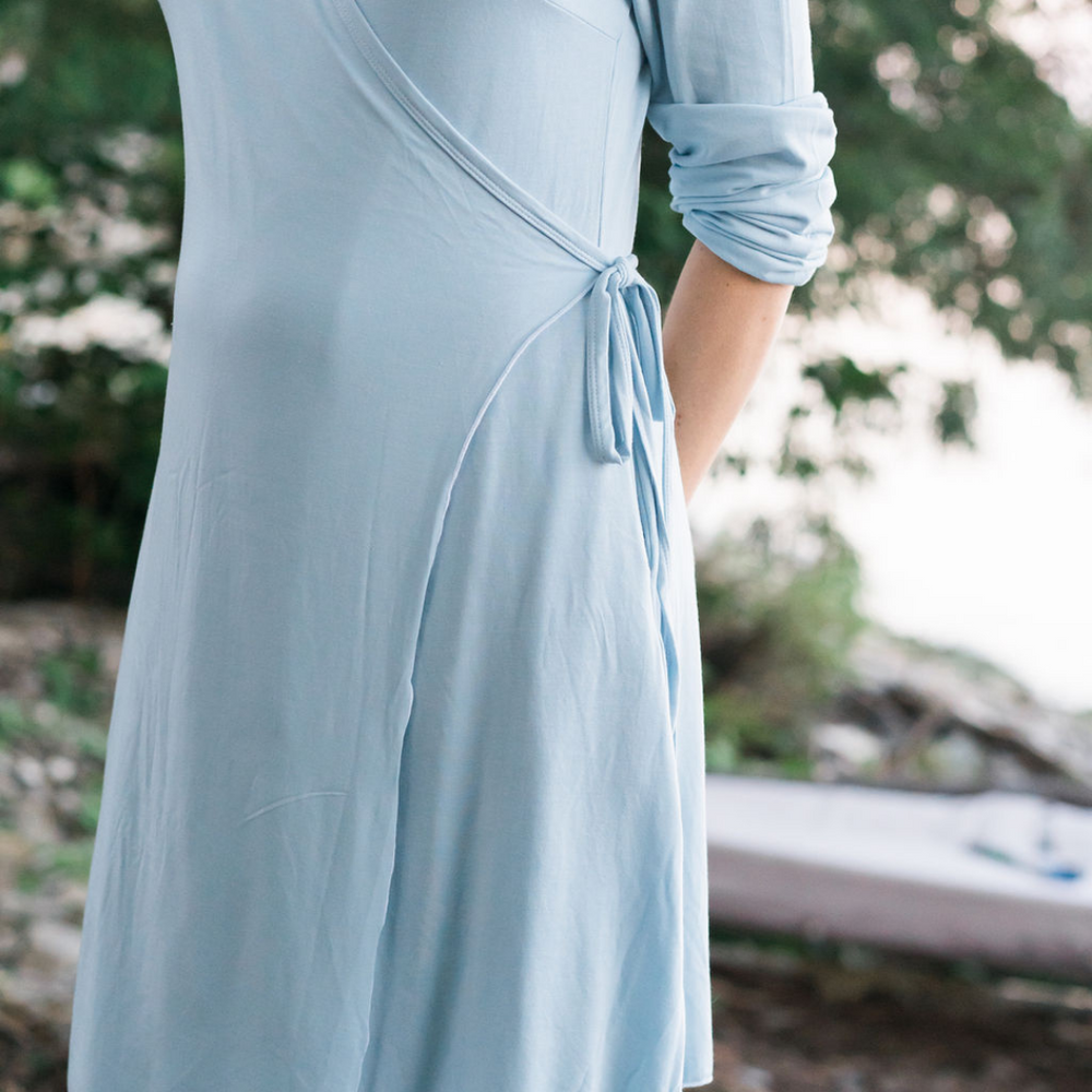 Robe, Bath Robe, Blue, Pale Blue, wrap dress, Loungewear, Sleepwear, plus sizes, sustainable production, enhanced breathability, breathability, Tencel, Modal, Made in Canada, Mimi Island Designs, female, women, mothers, daughters, buttery soft, ultra soft, gift