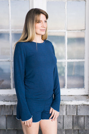 Long Sleeve Tee, Dark Blue, Loungewear, Sleepwear, soft, sustainable production, enhanced breathability, breathability, Tencel, Modal, T-shirt, Made in Canada, Mimi Island Designs, female, women, mothers, daughters, buttery soft, ultra soft