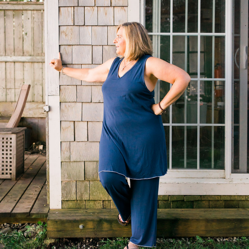 Nightgown, Nightdress, Blue, Dark Blue,  Loungewear, Sleepwear, plus sizes, sustainable production, enhanced breathability, breathability, Tencel, Modal, Made in Canada, Mimi Island Designs, female, women, mothers, daughters, buttery soft, ultra soft