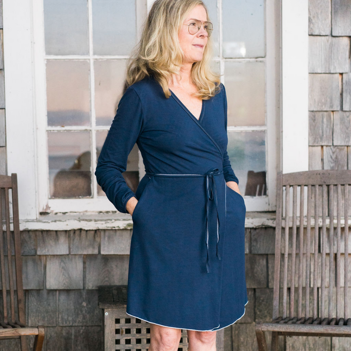 Robe, Bath Robe, Blue, Dark Blue, wrap dress, Loungewear, Sleepwear, plus sizes, sustainable production, enhanced breathability, breathability, Tencel, Modal, Made in Canada, Mimi Island Designs, female, women, mothers, daughters, buttery soft, ultra soft, gift