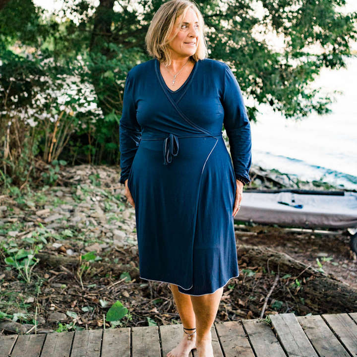 Robe, Bath Robe, Blue, Dark Blue, wrap dress, Loungewear, Sleepwear, plus sizes, sustainable production, enhanced breathability, breathability, Tencel, Modal, Made in Canada, Mimi Island Designs, female, women, mothers, daughters, buttery soft, ultra soft, gift