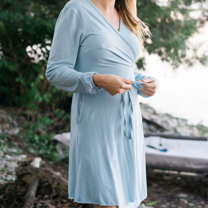 Robe, Bath Robe, Blue, Pale Blue, wrap dress, Loungewear, Sleepwear, plus sizes, sustainable production, enhanced breathability, breathability, Tencel, Modal, Made in Canada, Mimi Island Designs, female, women, mothers, daughters, buttery soft, ultra soft, gift