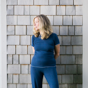 Tee, T-shirt, Blue, Dark Blue, Loungewear, Sleepwear, plus sizes, sustainable production, enhanced breathability, breathability, Tencel, Modal, Made in Canada, Mimi Island Designs, female, women, mothers, daughters, buttery soft, ultra soft