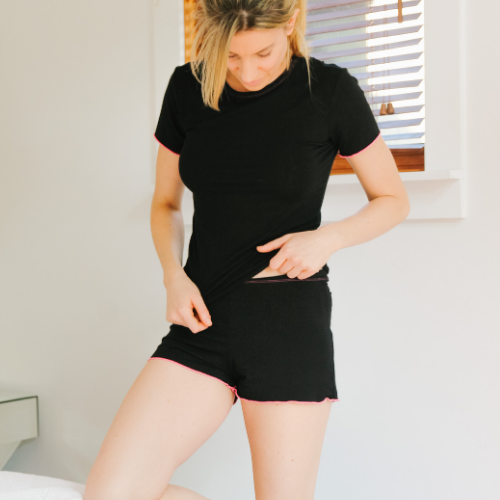 Shorts, Black, Loungewear, Sleepwear, soft, ultra soft, sustainable production, enhanced breathability, breathability, Tencel, Modal, Made in Canada, Mimi Island Designs, female, women, mothers, daughters, buttery soft, ultra soft