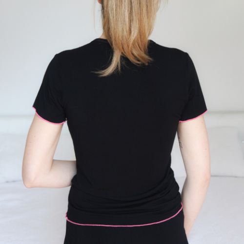 Tee, T-shirt, Black, Loungewear, Sleepwear, soft, ultra soft, sustainable production, enhanced breathability, breathability, Tencel, Modal, Made in Canada, Mimi Island Designs, female, women, mothers, daughters, buttery soft, ultra soft