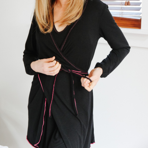 Robe, Bath Robe, Black, wrap dress, Loungewear, Sleepwear, plus sizes, sustainable production, enhanced breathability, breathability, Tencel, Modal, Made in Canada, Mimi Island Designs, female, women, mothers, daughters, buttery soft, ultra soft, gift