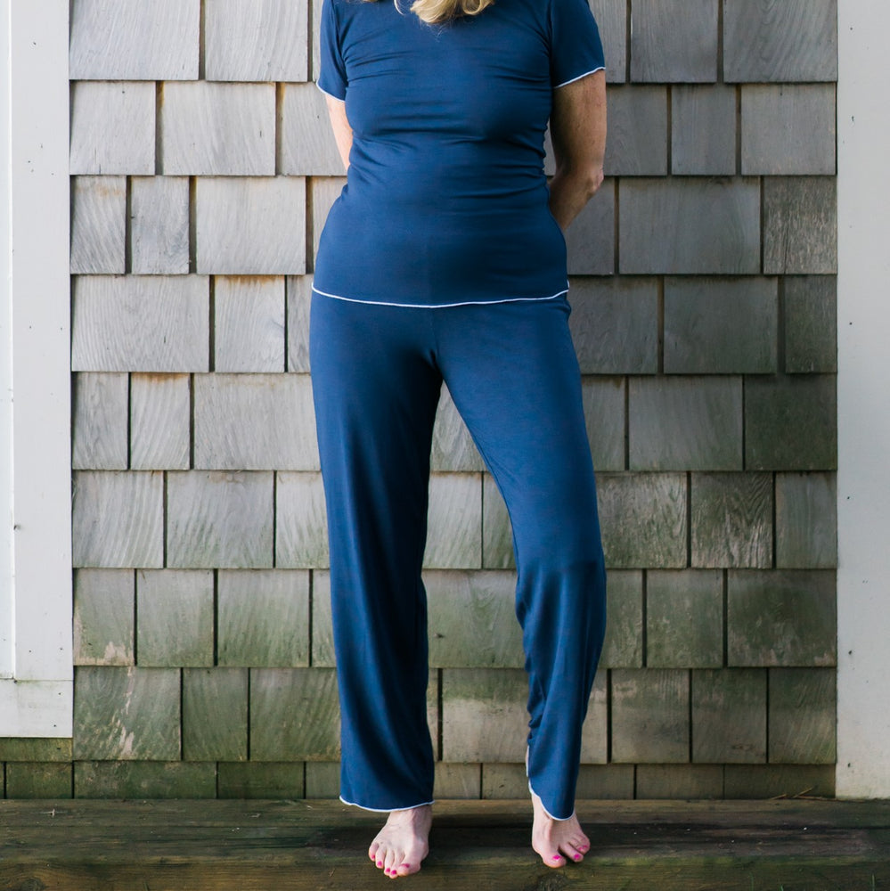 Pants, Bottoms, Blue, Dark Blue, Loungewear, Sleepwear, Plus sizes, sustainable production, enhanced breathability, breathability, Tencel, Modal, Made in Canada, Mimi Island Designs, female, women, mothers, daughters, buttery soft, ultra soft
