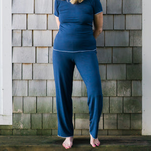 Pants, Bottoms, Blue, Dark Blue, Loungewear, Sleepwear, Plus sizes, sustainable production, enhanced breathability, breathability, Tencel, Modal, Made in Canada, Mimi Island Designs, female, women, mothers, daughters, buttery soft, ultra soft