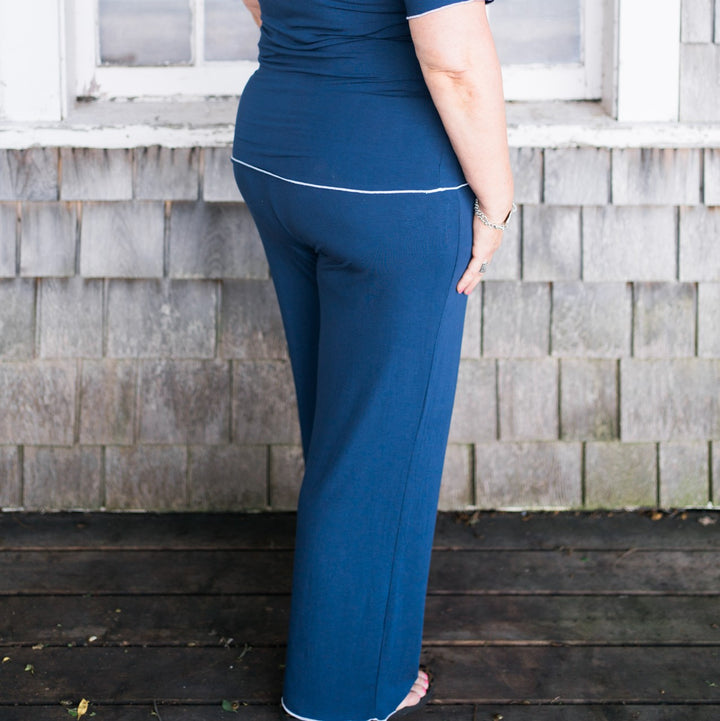 Pants, Bottoms, Blue, Dark Blue, Loungewear, Sleepwear, Plus sizes, sustainable production, enhanced breathability, breathability, Tencel, Modal, Made in Canada, Mimi Island Designs, female, women, mothers, daughters, buttery soft, ultra soft