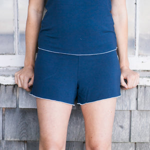 Shorts, Blue, Dark Blue, Loungewear, Sleepwear, Plus sizes, sustainable production, enhanced breathability, breathability, Tencel, Modal, Made in Canada, Mimi Island Designs, female, women, mothers, daughters, buttery soft, ultra soft