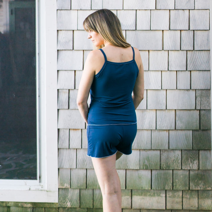 Tank, Top, Blue, Dark Blue, Loungewear, Sleepwear, soft, plus sizes, sustainable production, enhanced breathability, breathability, Tencel, Modal, Made in Canada, Mimi Island Designs, female, women, mothers, daughters, buttery soft, ultra soft