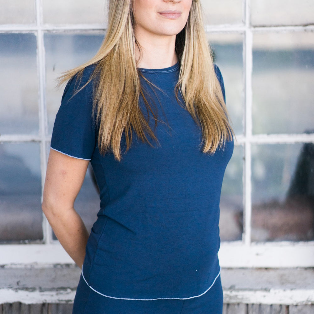Tee, T-shirt, Blue, Dark Blue, Loungewear, Sleepwear, plus sizes, sustainable production, enhanced breathability, breathability, Tencel, Modal, Made in Canada, Mimi Island Designs, female, women, mothers, daughters, buttery soft, ultra soft